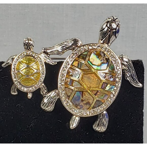 Vintage Signed Napier Turtle With Baby Abalone Shell & Rhinestone Accents Brooch - Picture 9 of 14